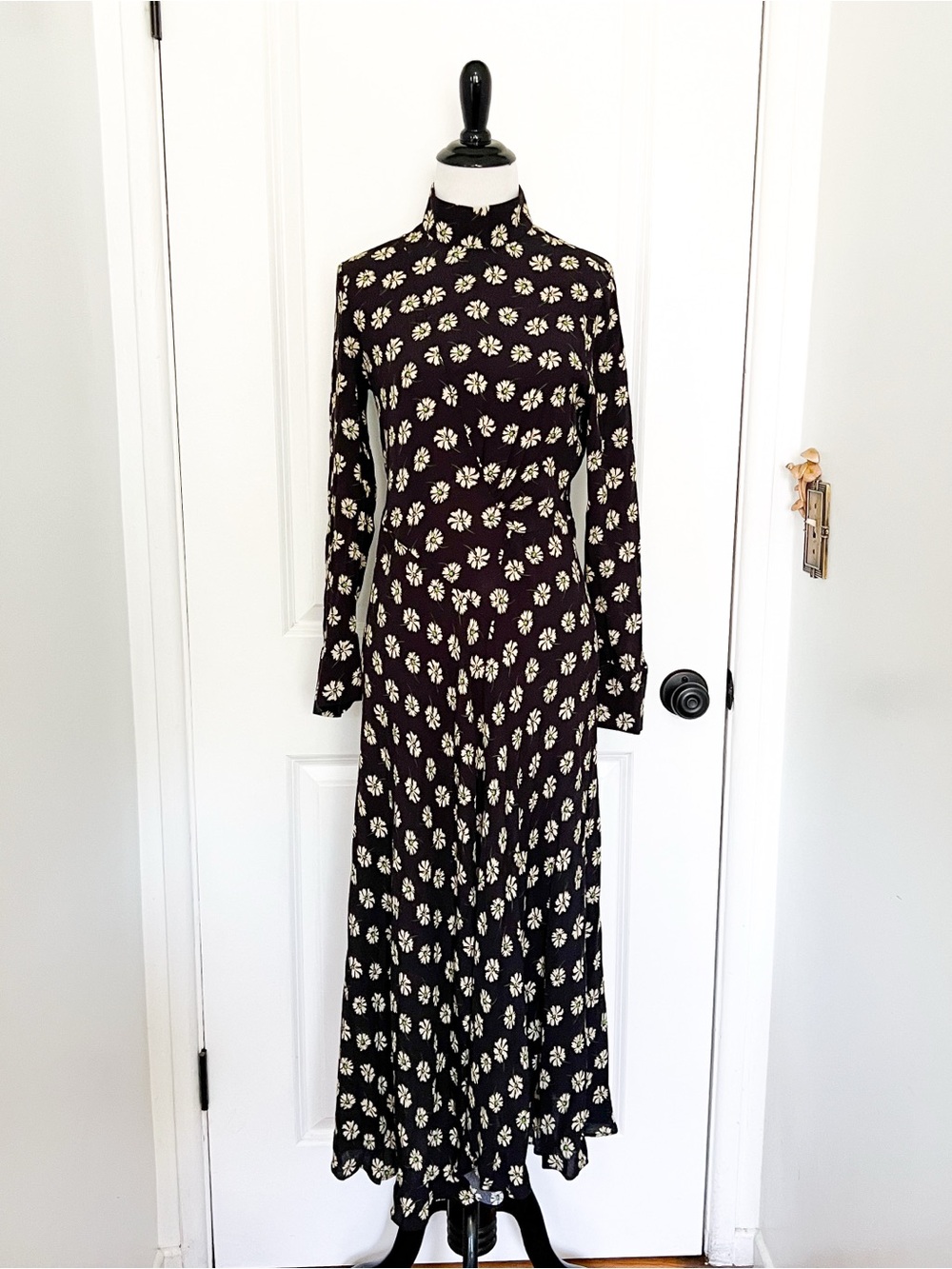 Zara Black Midi Dress with Cream Daisy Print - Small